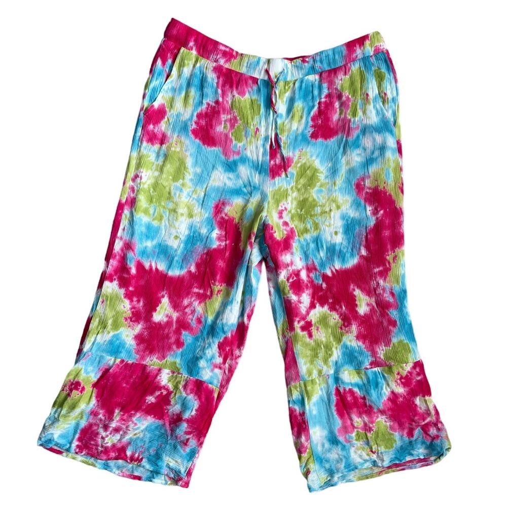 Hailey Lyn Vibrant Floral Tie-Dye Gauzey Wide Leg Capri Pants‎ Size XL